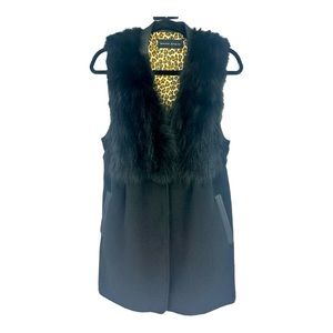 DANA STEIN Fox Fur Sleeveless Wool Blend Rib Sweater Vest Cardigan LARGE Black